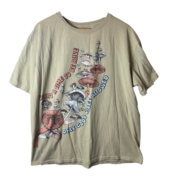 Tree Hugger Tops - Tree Hugger Cotton T-Shirt Womens Mushrooms Graphic Boho Hippie Good Vibes Tan